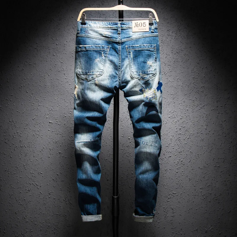 Street Fashion Men jeans Retro Blue Stretch Skinny Fit Ripped Jeans Men Embroidery Patched Designer Hip Hop Denim Pencil Pants