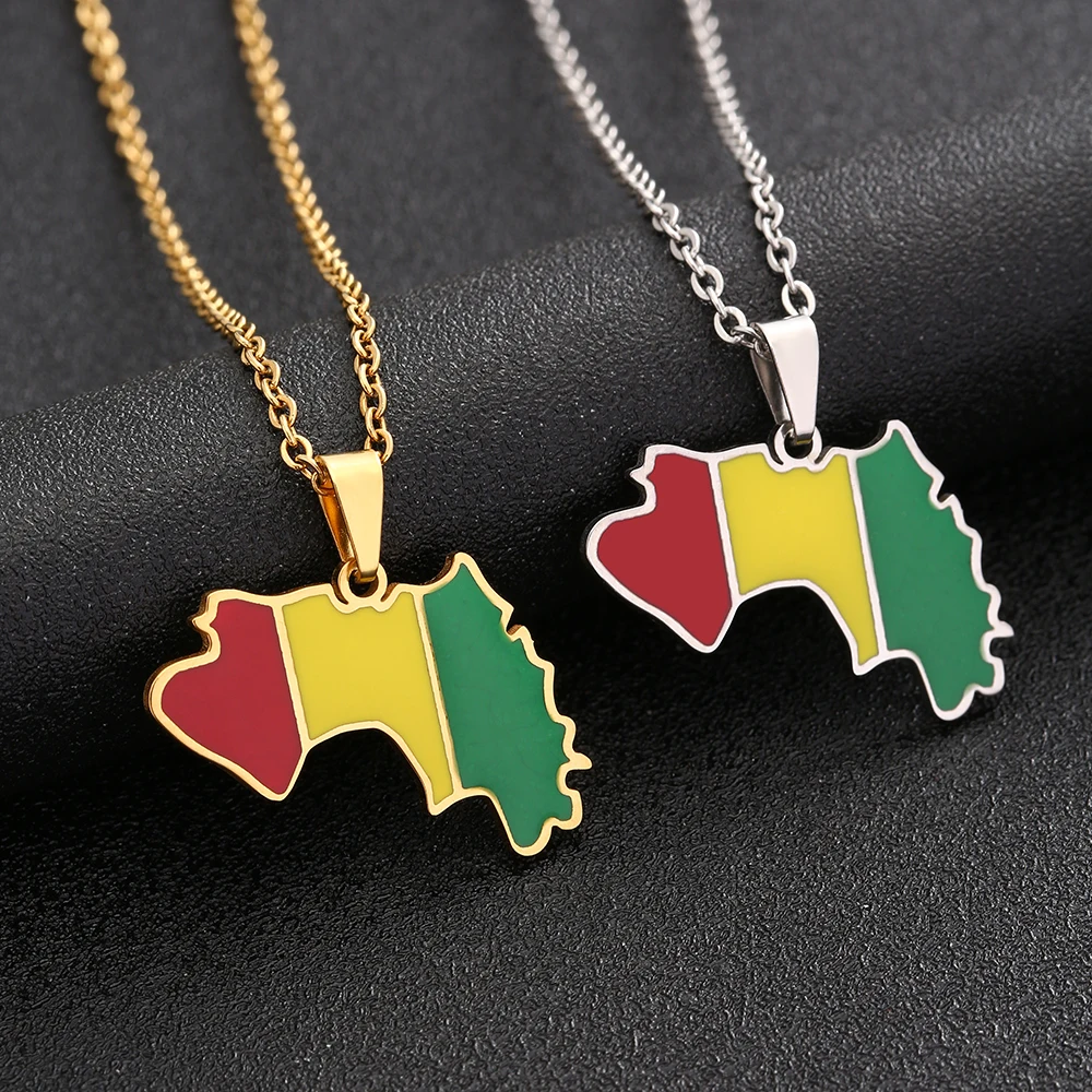 Africa Guinea Map Flag Pendant Necklace Stainless Steel French République de Guinée Men Women Ethnic Map Jewelry Gift