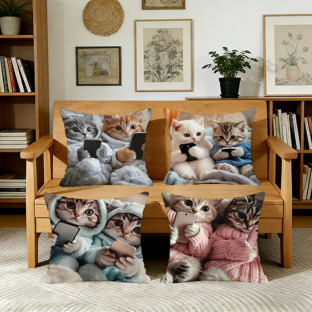 Cute cat holding phone cushion cover For Pillow Printing Sofa Decoration Home Car Room Coffee Shop Office Nordic Simplicity