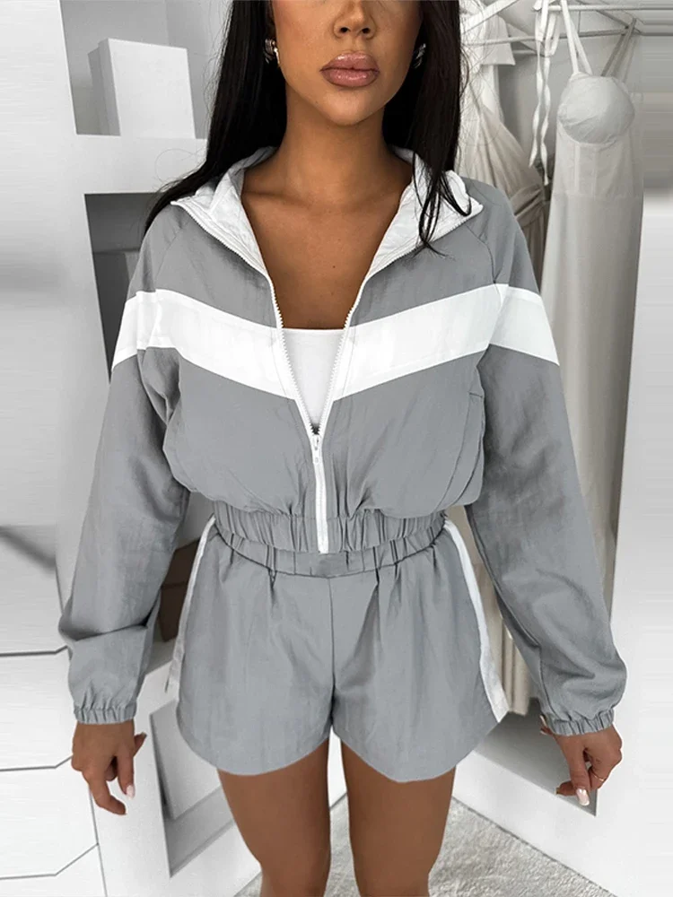 Chic Zip Up Color Block Women's Set Hooded Long Sleeve Cropped Jacket High Waist Shorts Urban Daily Sports Two Piece Suit 2026 N