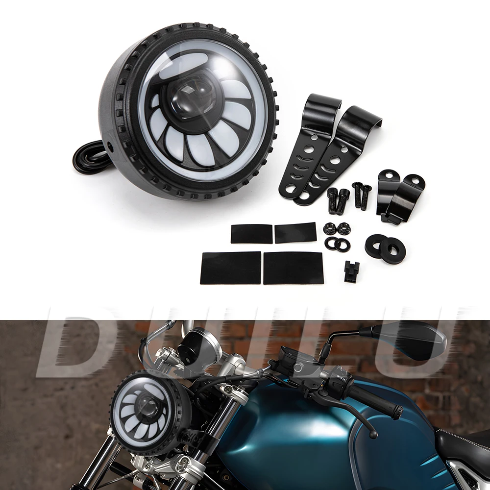 5.75 inch Motorcycle Headlight LED Snowmobile Round Head Lamp Spiral Side Mount Bracket High Low Beam for Choppers Cafe Racer