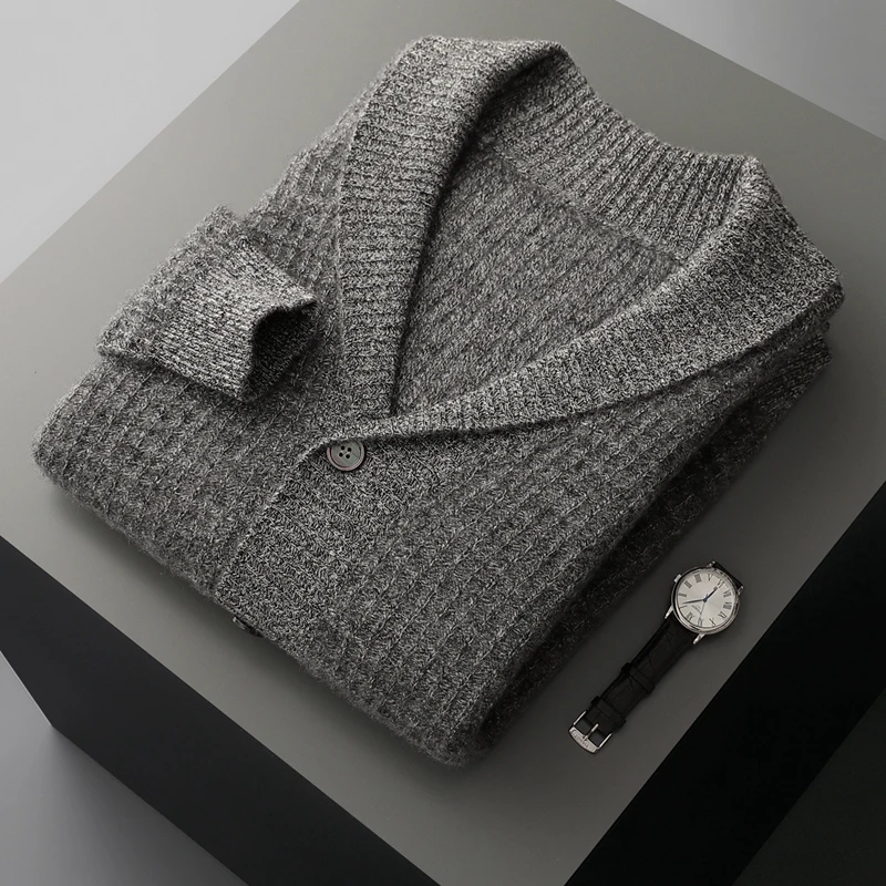 2025 Men's 100% Cashmere Shawl Collar Thick Cardigan Classic Cable Knit Sweater Autumn Winter Casual Fashion Knit Jackets Tops