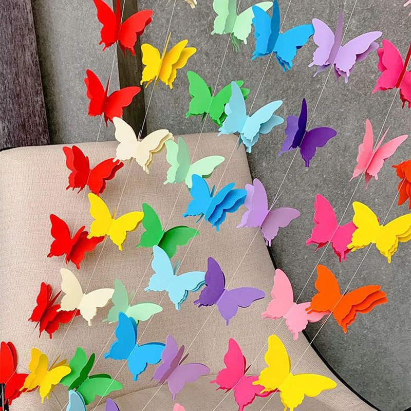 3m 3D Colorful Paper Butterfly Garland Buntings for Wedding Party Birthday Festival DIY Banner Hanging Decorations Bedroom Decor