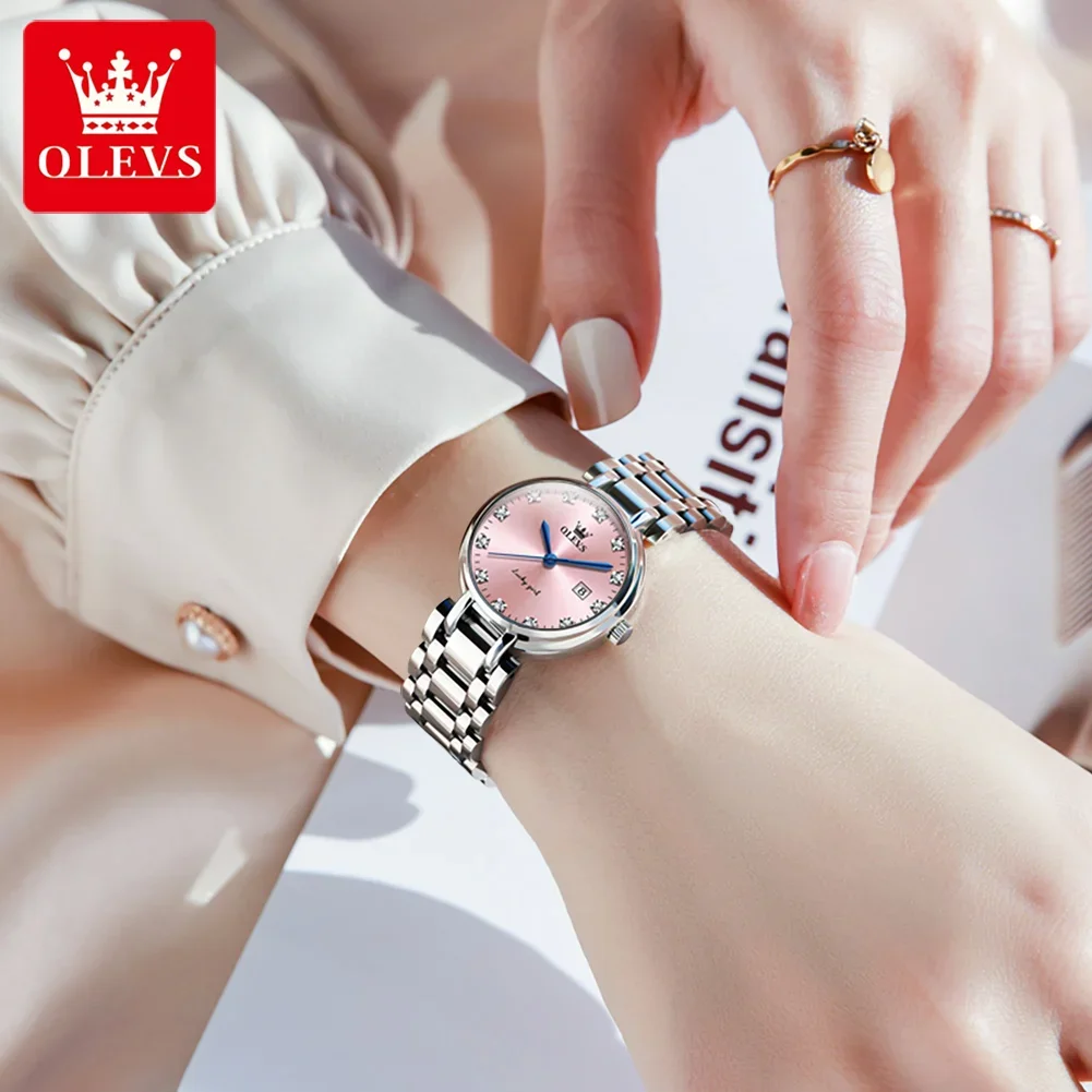 OLEVS 5575 Luxury Brand Silver Stainless Steel Women Watches Rhinestone Dial Calendar Waterproof Fashion Woman Quartz Wristwatch