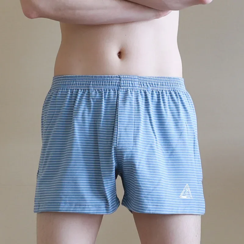 Men Striped Cotton Lounge Shorts Loose Thin Breathable Drawstring Boxer Sleep Shorts Male Underwear