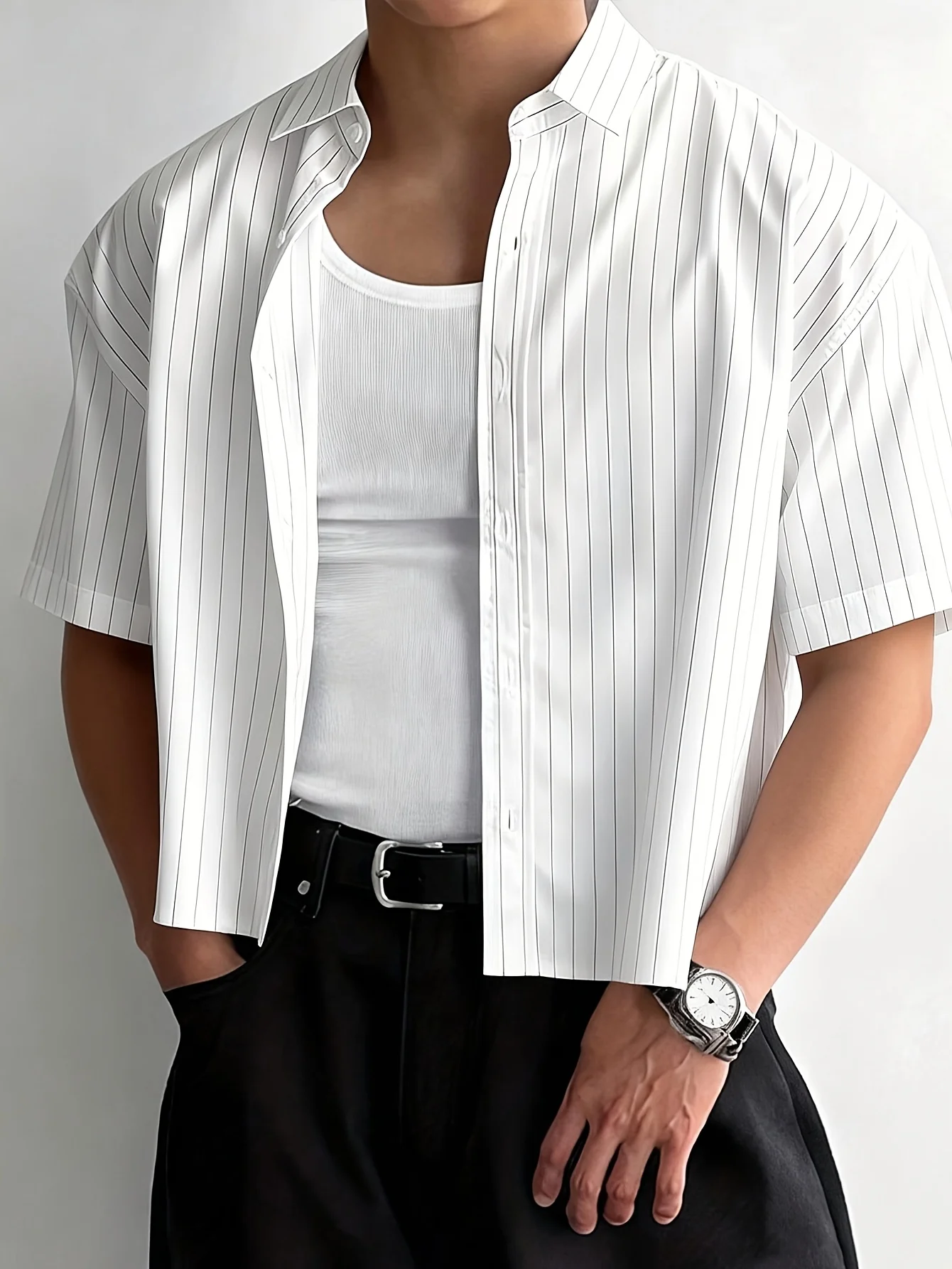 FGKKS Men Short Sleeve Shirts Brand Fashion Casual Striped Thin Cool European Style Comfortable Male Summer White Shirt