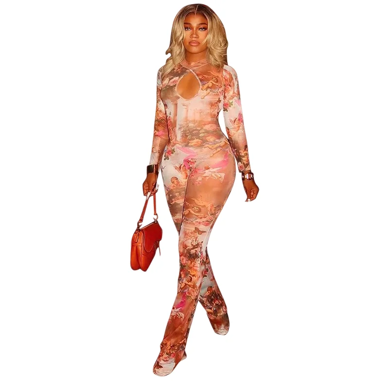 

Women's Retro Print Stand Collar Long Sleeve Hollow-Out High Waist Bodycon Jumpsuits, Gauze Spliced, Sexy