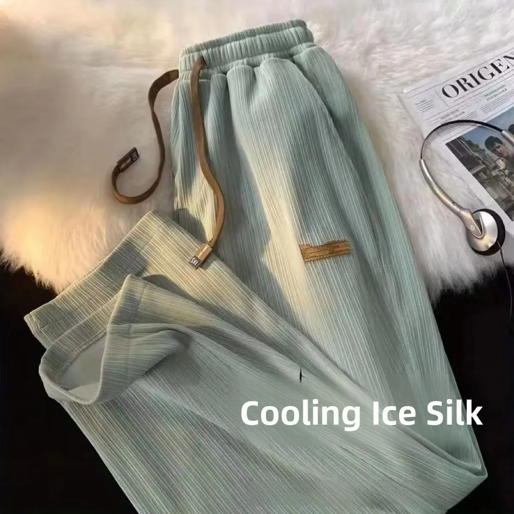 

Ice Silk Men's Summer Thin Wide Leg Pants Drapey Loose Casual Long Trousers Straight Cut Polyester Fiber mid Waist Sle