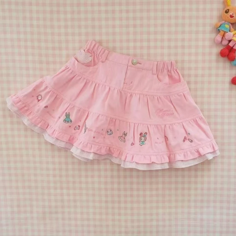 Japanese Kawaii Lolita Mini Cake Skirt Womens Sweet Cute Cartoon Embroidery Short Party Skirt Y2k Aesthetic  A-line Faldas Skirt