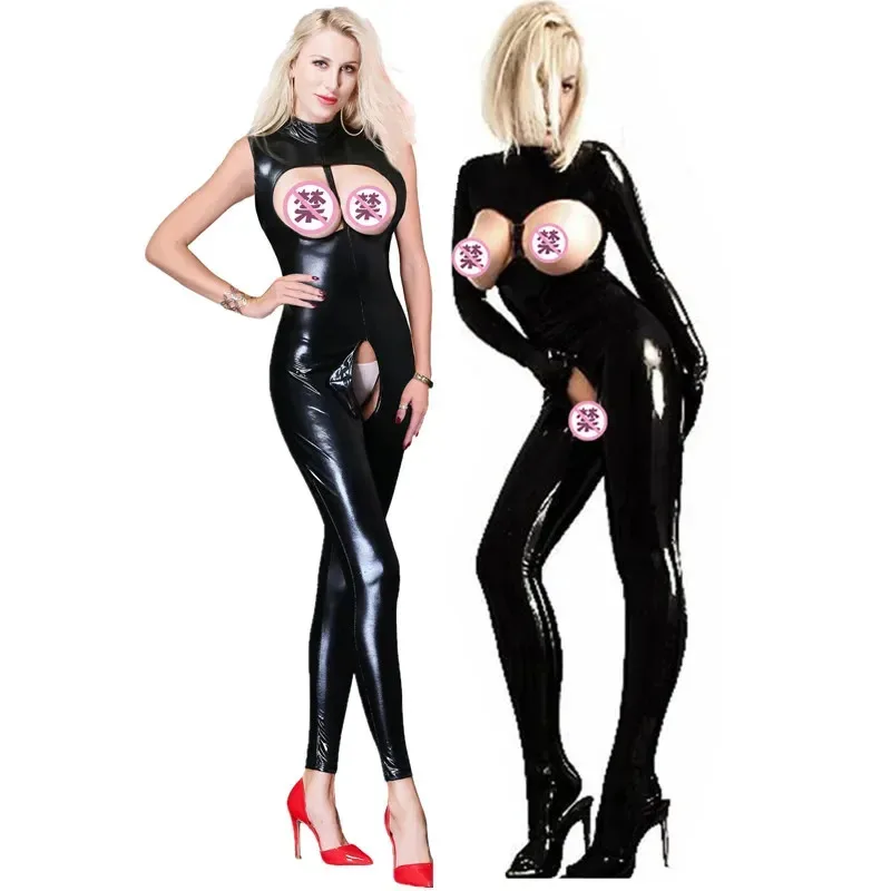 ชุดแคทสูทหนังเทียม PVC เซ็กซี่สำหรับผู้หญิง แบบเปิดเป้า ซิปหน้า บอดี้สูท จั๊มสูท ชุดชั้นใน PU ชุดคลับแวร์เร้าอารมณ์ ชุดลาเท็กซ์