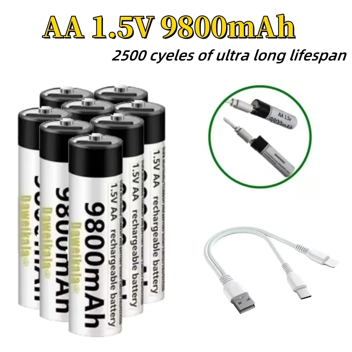 

Горячая батарея USB-C 1,5 В AA Литий-ионная батарея для быстрой зарядки 9800 мАч для мыши с дистанционным управлением Электрическая игрушечная батарея + кабель USB-C