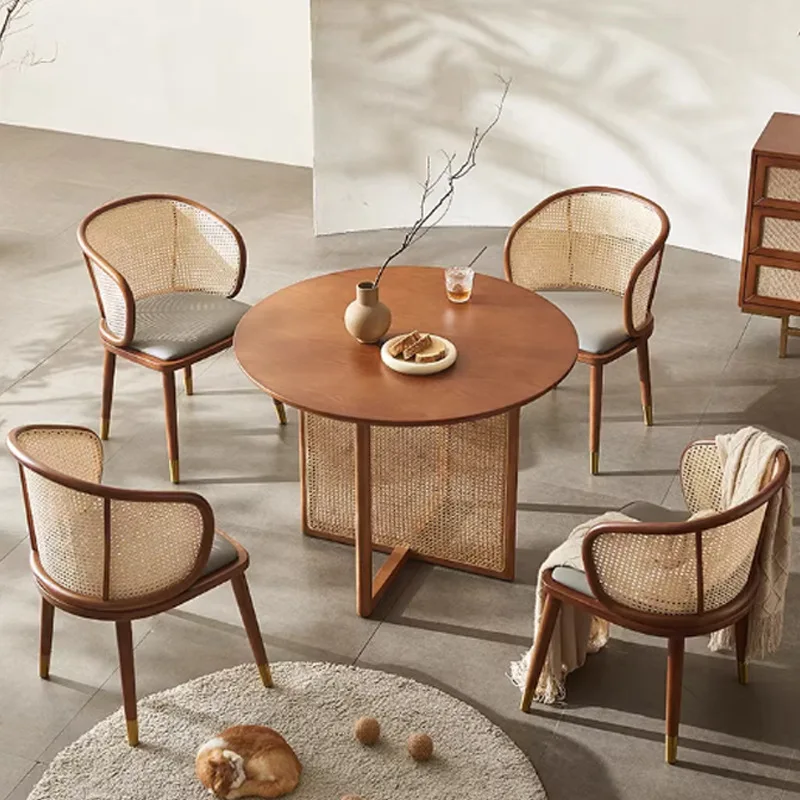Medieval small apartment solid wood dining table New Chinese retro rattan round table Balcony Household wabi-sabi