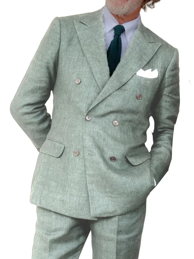 

Summer Linen Men's Suit Set Double Breasted Blazers Pants Suits Banquet Travel Jackets Tailor-made Suits For Wedding Business