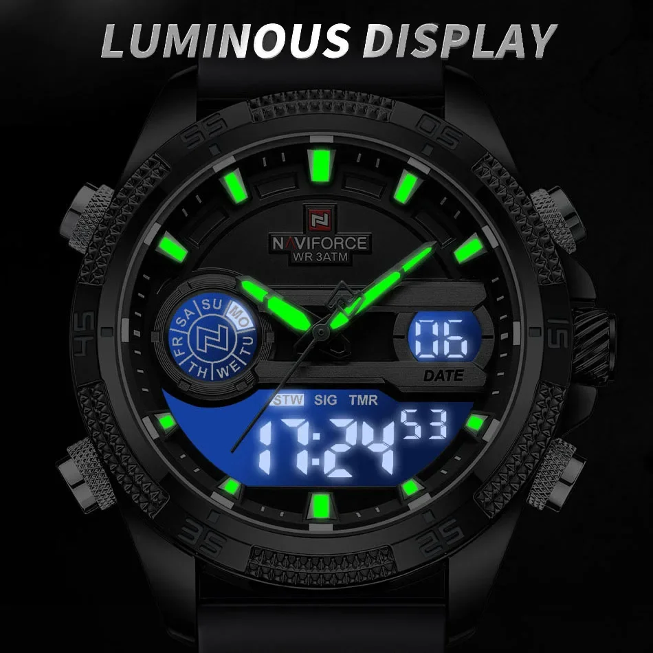 NAVIFORCE-Reloj de cuarzo deportivo para Hombre, pulsera de silicona, resistente al agua, despertador, analógico, digital