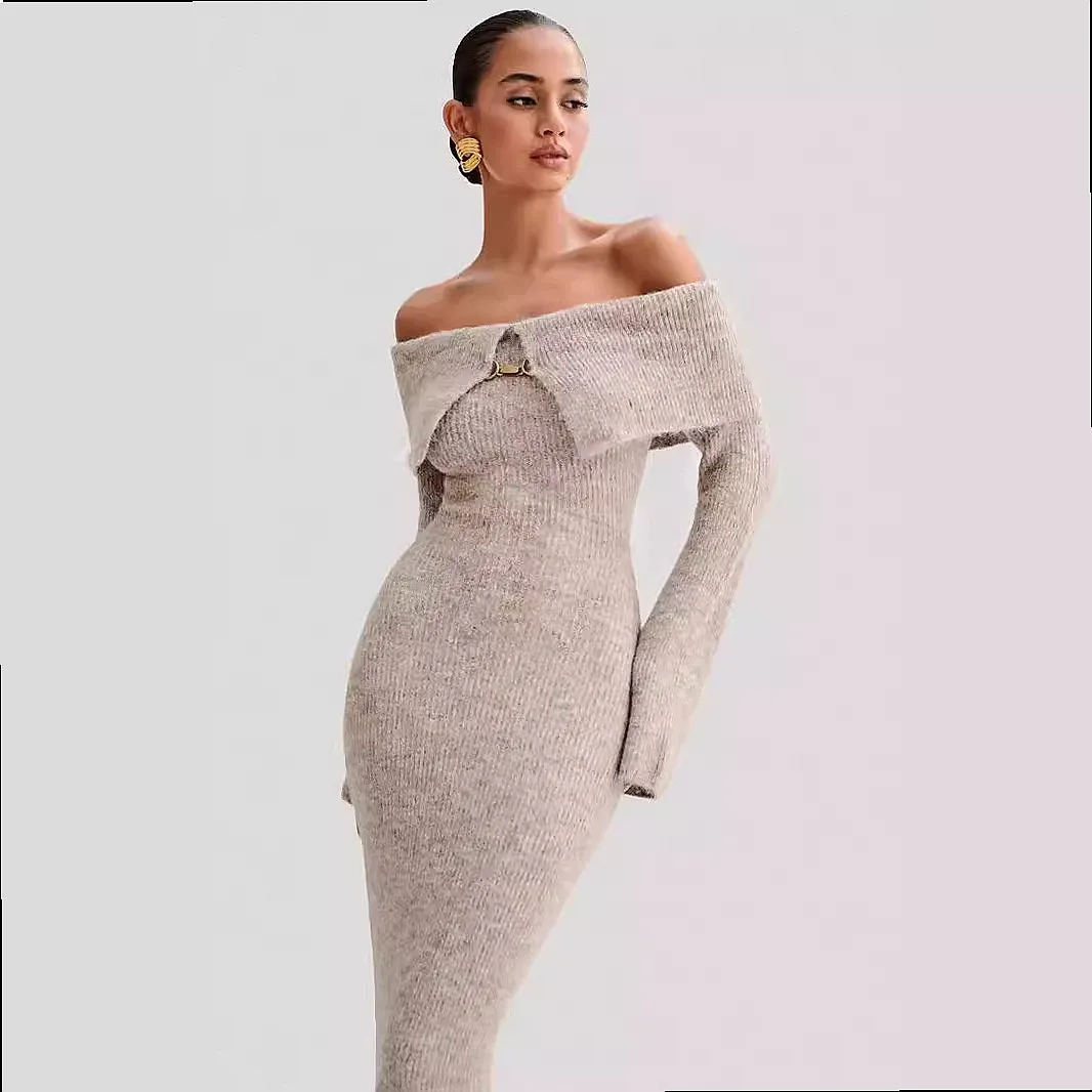 Knit Sweater Dress Women One Shoulder Bodycon Midi Dresses Slim Fit Knitted Pullover Dresses