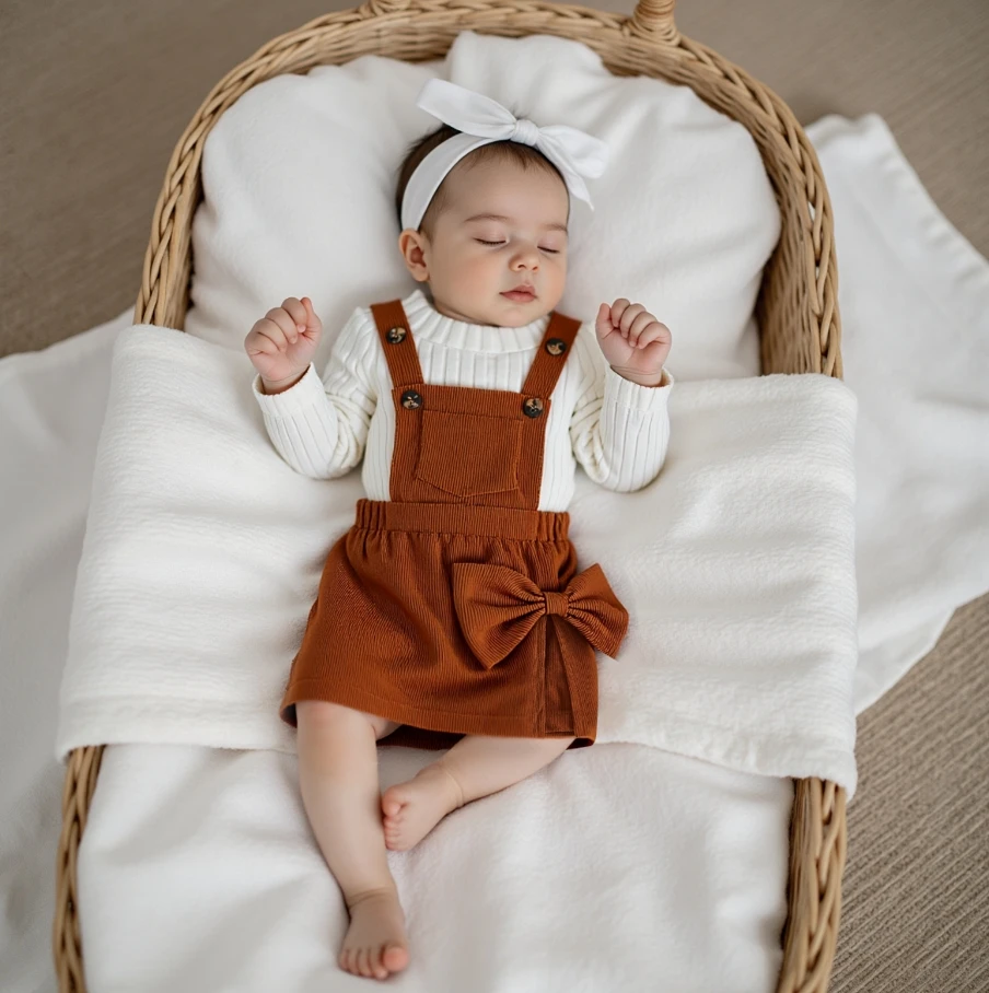 

1-5Y Kids Baby Girl Fall Outfits Solid Ribbed Crew Neck Long Sleeve knitwear Tops Bow Overall Skort 2 Pcs Clothing Set