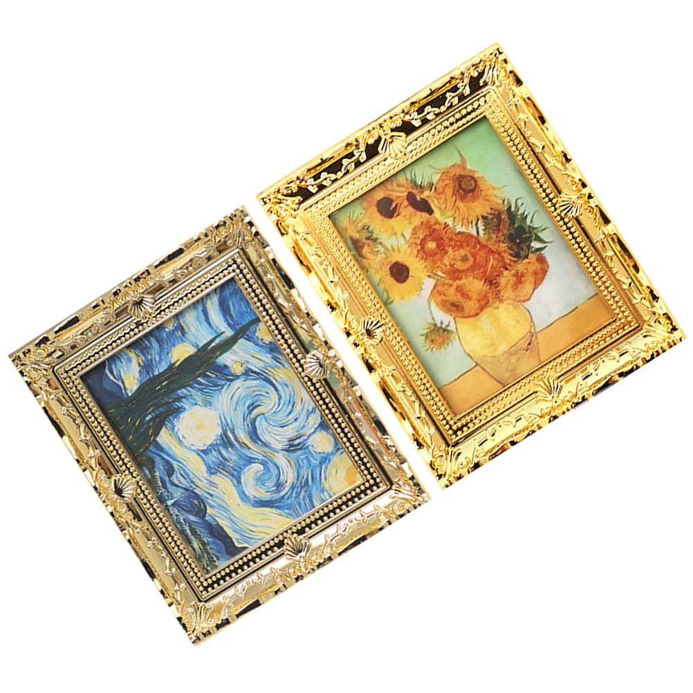 

2 Pcs Dollhouse Frame Simulation Painting Craft Miniature Accessories Exquisite Oil