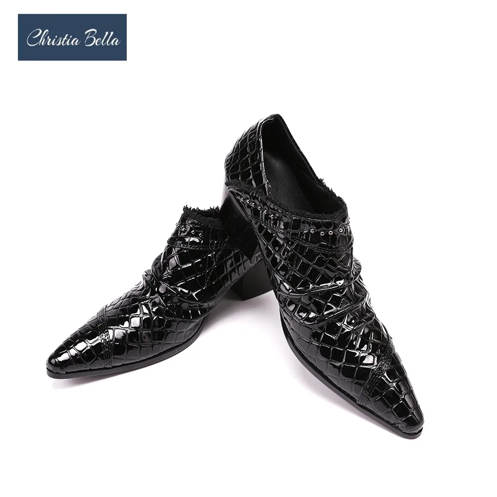 Classic Black Lacquer Leather Men Mid Heel Oxfords Shoes Party Prom Business Formal Shoes Plus Size Slip on Wedding Dress Shoes