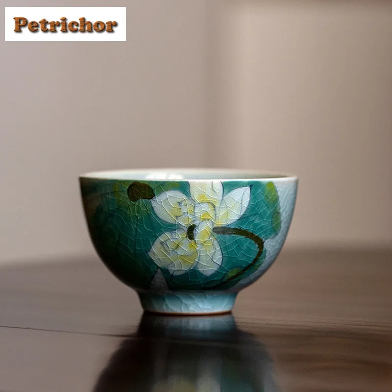 

125ml Hand Drawn Ice Cracked Lotus Teacup Retro Tea Bowl Water Jug Tea-tasting Smelling Cup Chazhan Master Cups For Tea Craft