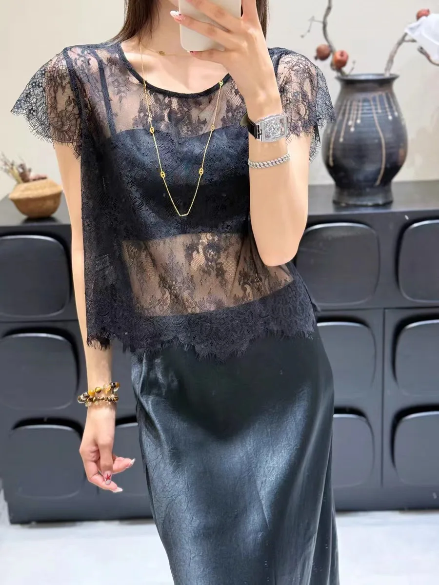 French Lace Hollowed Out T-shirt For Women Summer Fashionable Elegant Transparent Sexy Female Jacquard Short Sleeved Top