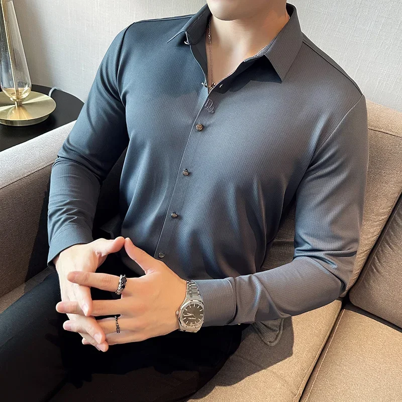 

Embroidery Seamless Drape Long Sleeve Men Shirt Fashion Slim Fit Casual Business Formal Dress Shirt Social Banquet Men Clothing