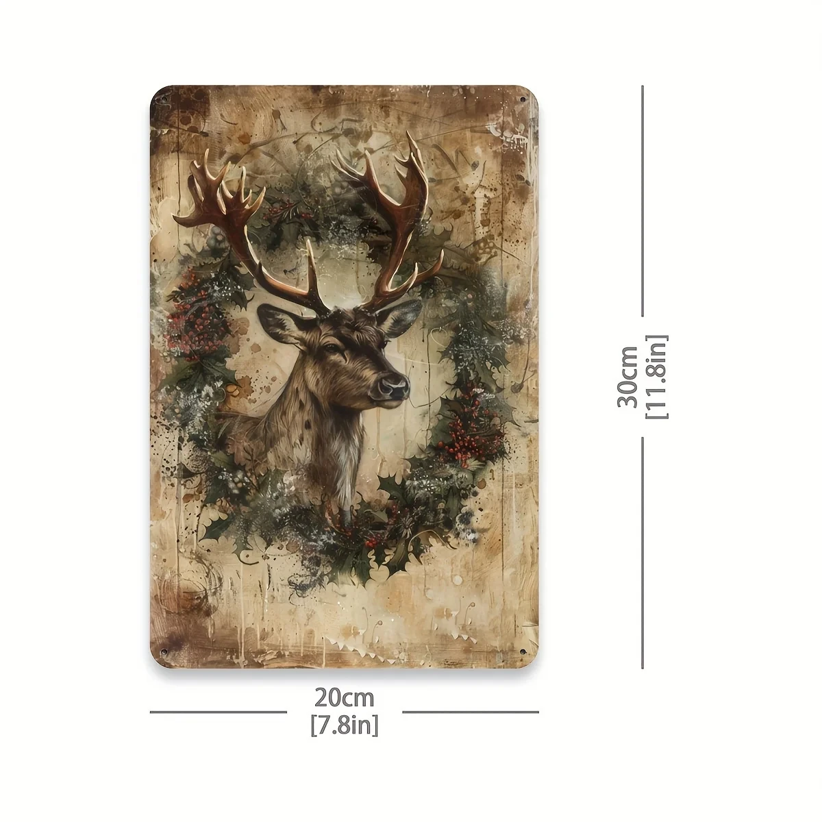 Rustic Vintage Christmas Reindeer Metal Tin Sign - 8x12inch , Durable Iron Wall Art with Festive Wreath Design for Home, Cafe, g