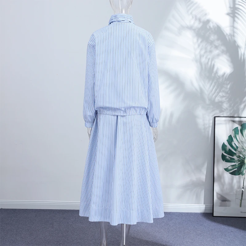 Chic Striped Women's Jacket Skirts Suit Stand Collar Drawstring A-Line Skirts Lady Set 2026 Summer Autumn 2 Pieces Set Women New