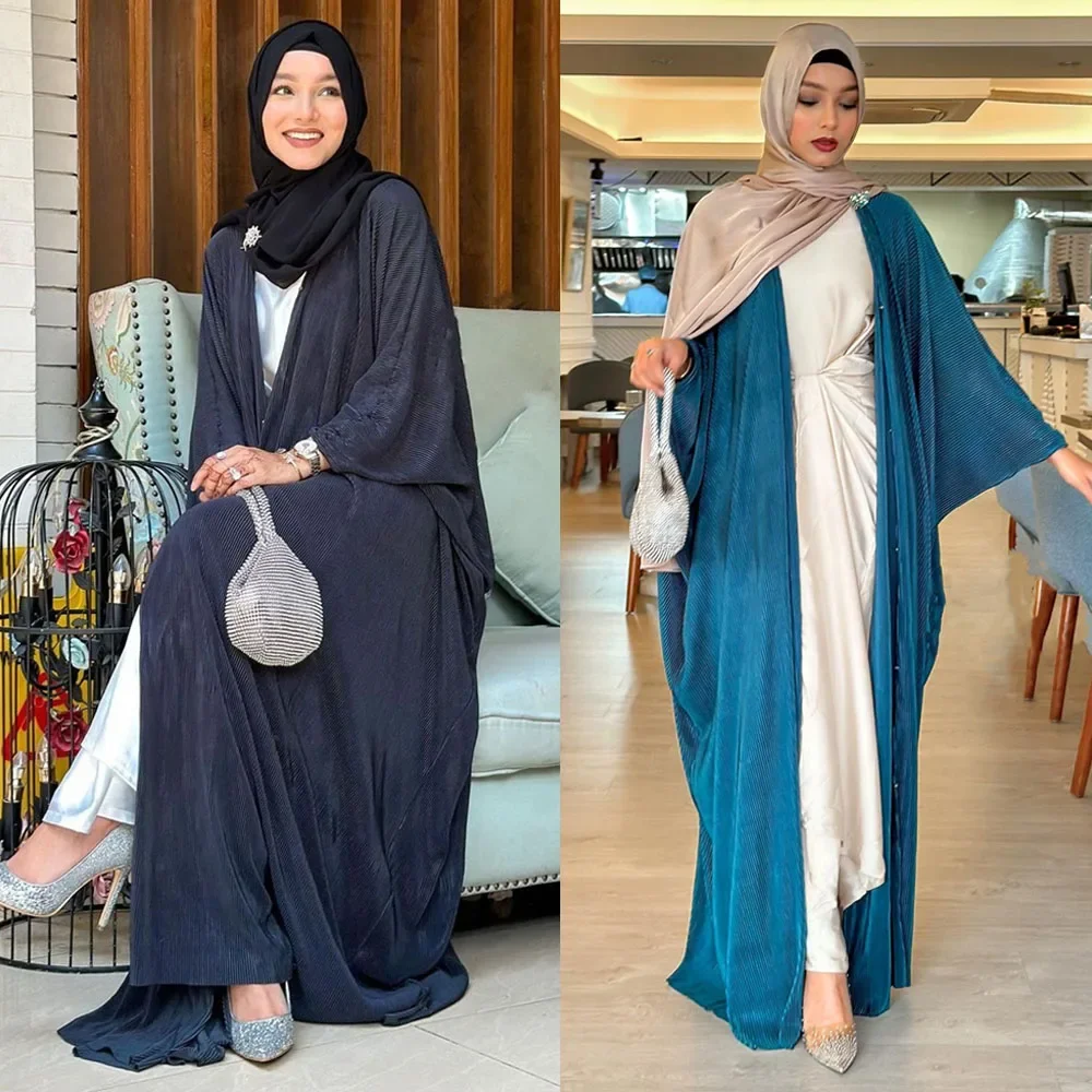 Eid Party Abaya Muslim Wrinkle Open Cardigan Kimono Women Bat Sleeve Maxi Dresses Turkey Kaftan Dubai Arab Gown Islamic Jalabiya