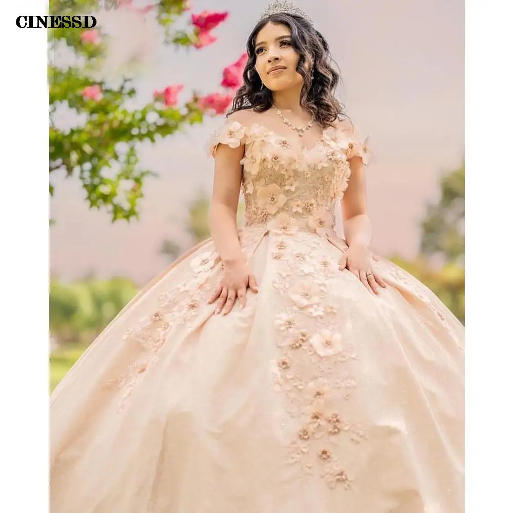 الوردي Quinceanera فساتين مكشوفة الكتفين للفتيات ، يزين الزهور 3D ، لمعان ، فساتين حفلة الكرة الفاخرة ، الأميرة 15