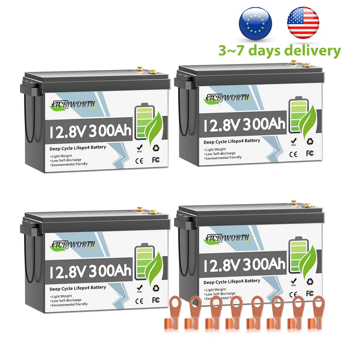 

TCBWORTH 12V 300Ah LiFePO4 Lithium-ion Battery,7000+ Deep Cycles,Waterproof Rechargeable for Marine,Sailing,RV,Off-Grid,4-Pack