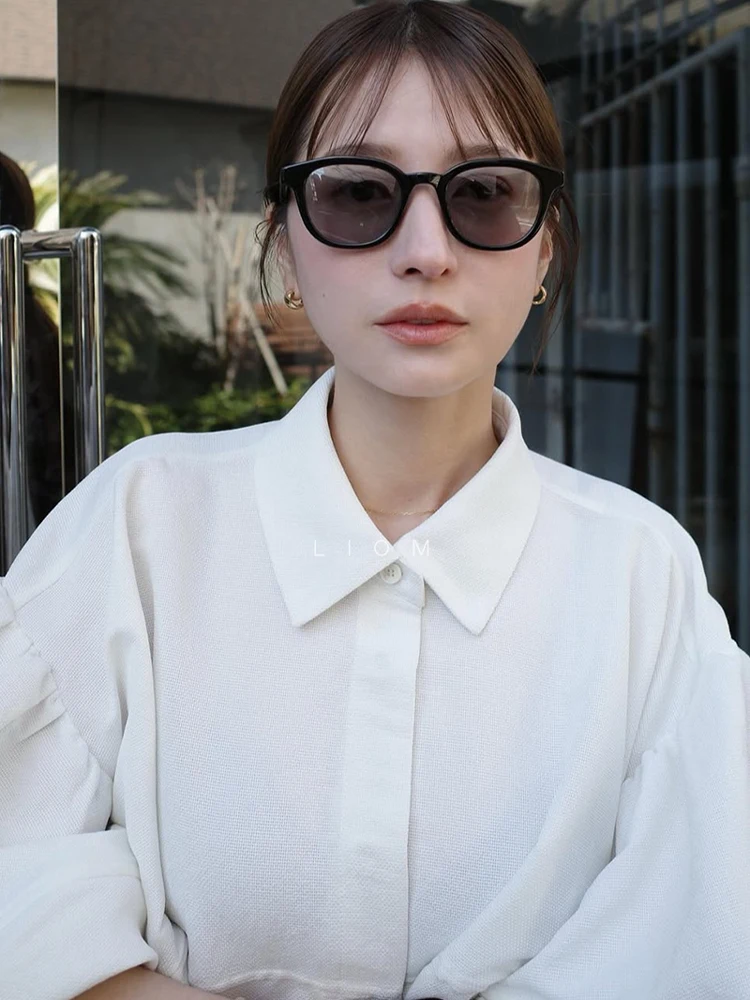 Japanese Elegant Retro Commuter Blouse Polo Collar Bubble Sleeve Single-breasted Versatile Casual Loose Shirts Tops Women Summer