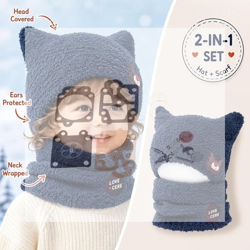 2 in 1 Baby Winter Hat Scarf Set Soft Windproof Plush Fleece Cute Cat Ear for Toddler Outdoor Play Snow Day Accessory