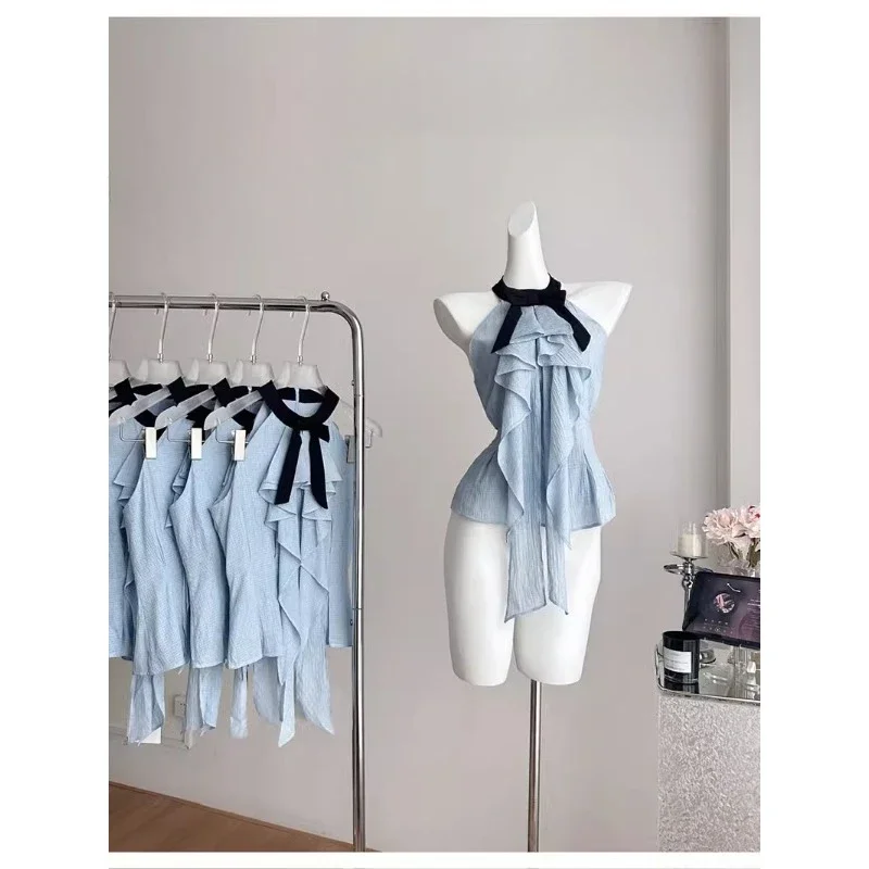 Blue Shirts Halter Off Shoulder Sleeveless Ruffles Blouses Vintage Hot Girls Sexy Korean Style Blouse Summer Trendy Female Tops