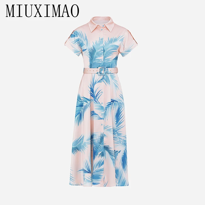 

MIUXIMAO 2024 Summer High Quality New Style Italian Dress Women Short Sleeve Slim Leaf Print Belt Office Lady Long Dress