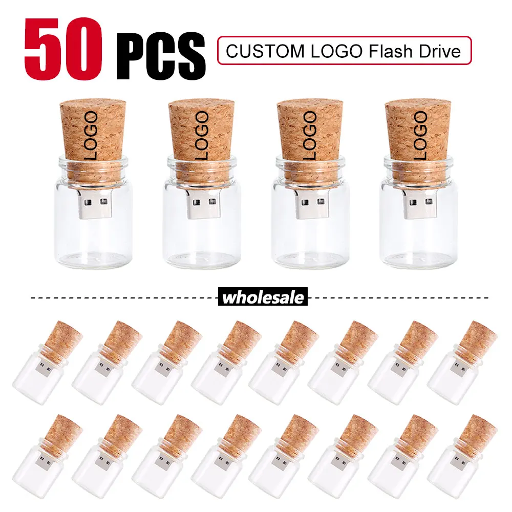 50pcs/Lot Free LOGO Wooden USB 2.0 Pen Drive 16GB Wishing Bottle Memory Stick 64GB Wedding Gift Photography Flash Drive 32GB