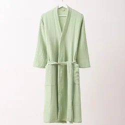 Japanese Simplicity 3-layer Gauze Lapels Yarn Sofe Water Absorption   Home Dressing Gown Long Kimono Skin Loose100% Cotton