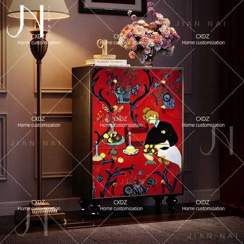 French six-chest cabinet retro picture solid wood multi-functional chest cabinet living room home locker free installation