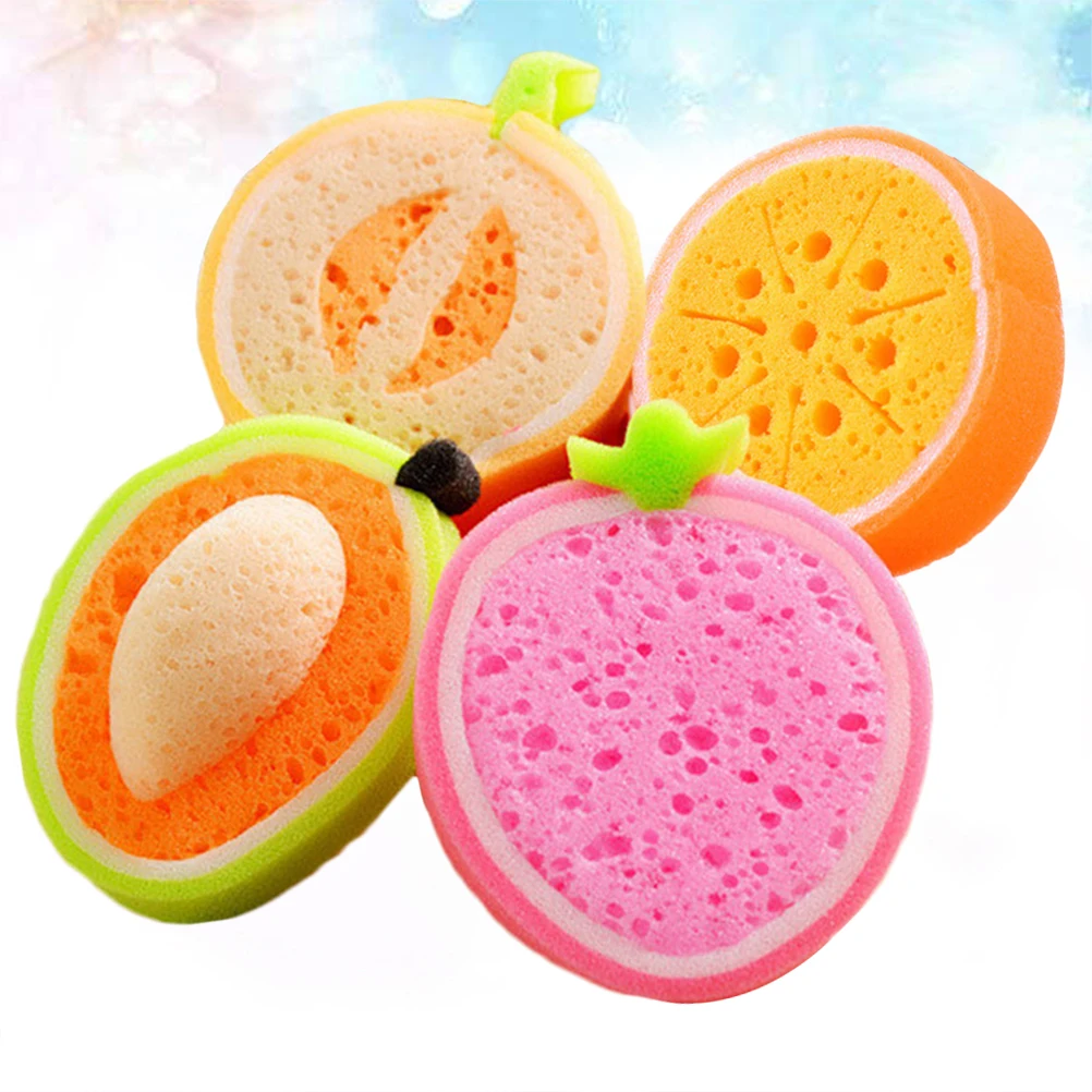 4Pcs Fruit Sponges Pack of 4 Adorable Bathing Sponges for Toddlers Lightweight Compact for Travel Multi Layer Cleansing Design