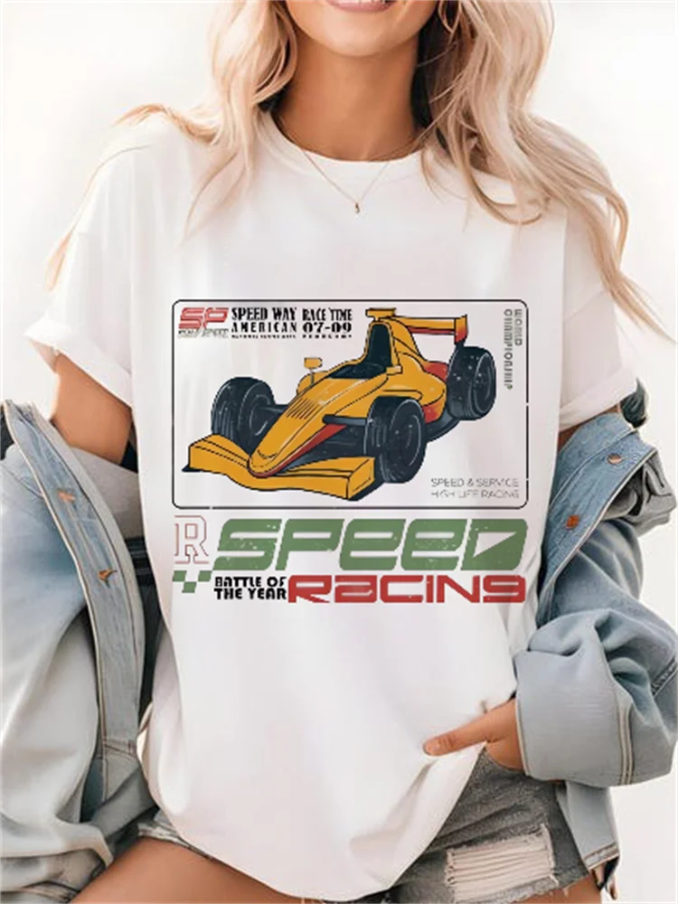 Speedway Pink Car Pattern Print Cute O-Neck Women's T-Shirt Street Short Sleeved Vacation Trend Versatile Sweet Travel T-Shirt view 2