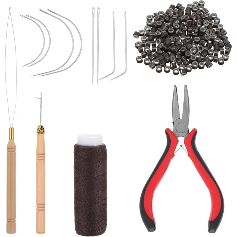 A32HOT-Hair Beads 200Pcs, Three Hole Hair Pliers, Roll Sewing Thread, Sewing Hair Extension Tools Kit