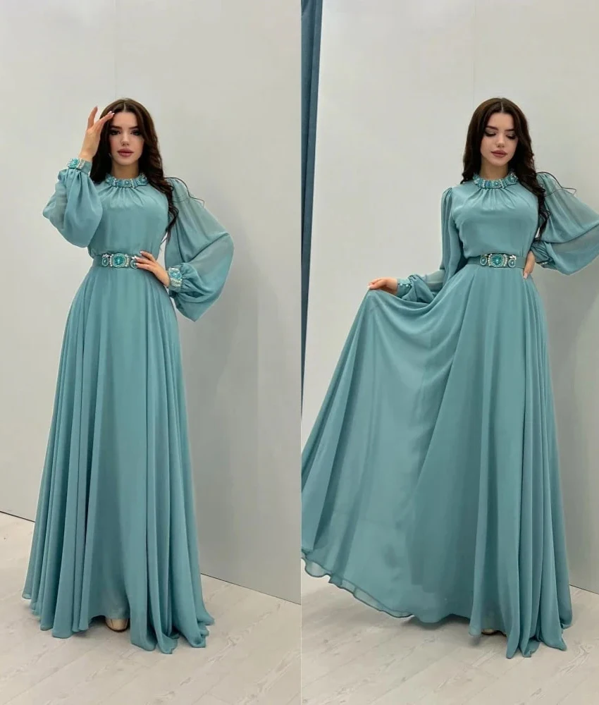 

Customized Graceful Chiffon A-Line Beading Crystal Evening Dress High Quality O-neck Long Sleeves Floor Length Party Gowns