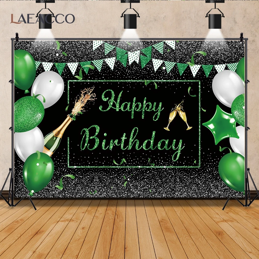

Custom Black Green Ribbon Silver Polka Dot Balloons Happy Birthday Background Photographic Banner Photography Backdrops Decor