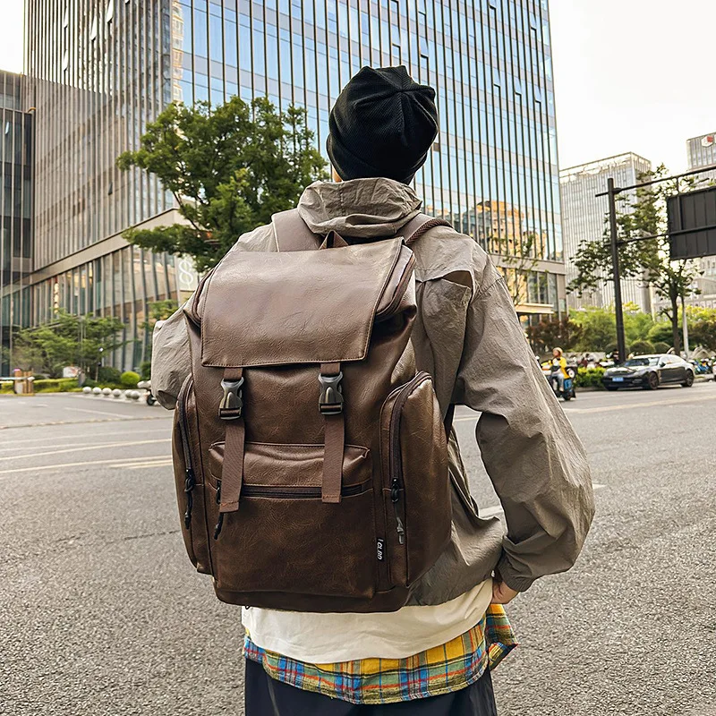 Cool Trendy Solid Color Men's Backpack Casual Large Capacity Multi-Pocket Backpack Personality Versatile Leather Shoulder Bag