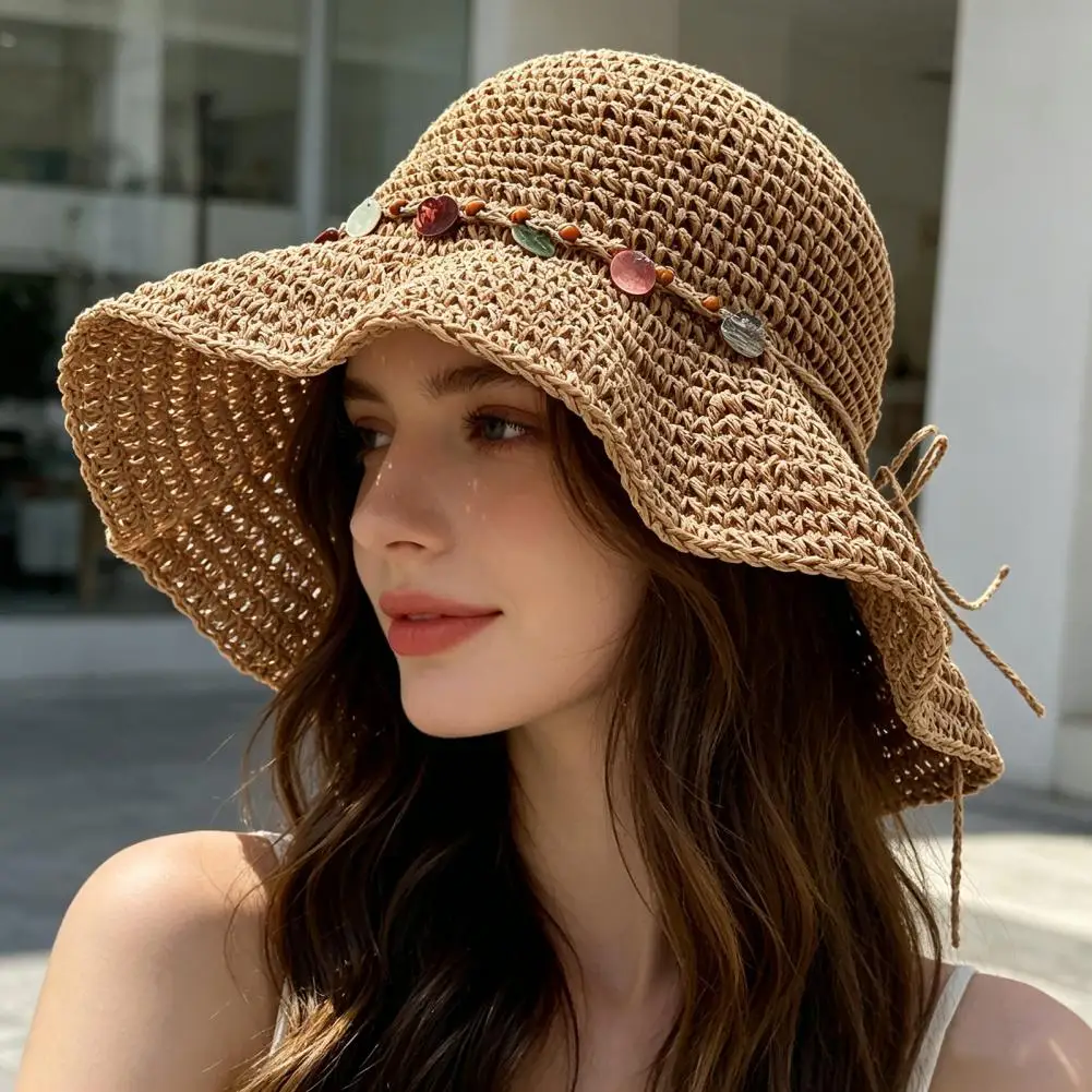 

Women Straw Hat Wide Brim Adjustable Strap UV Protection Hat Breathable Foldable Summer Outdoor Sun Beach Hat