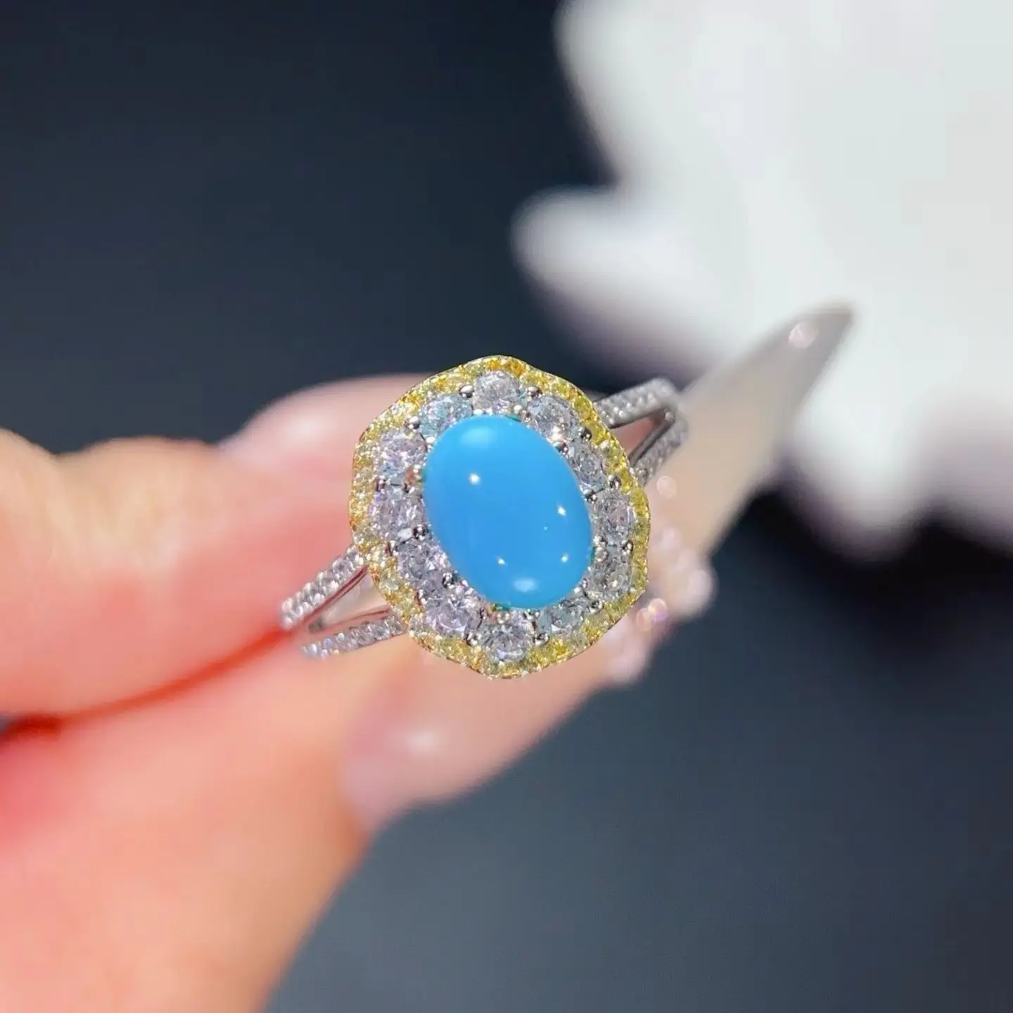 Luxury 925 Silver Turquoise Ring 6mm*8mm Man Made Turquoise Ring for Engagement Sterling Silver Gemstone Jewelry