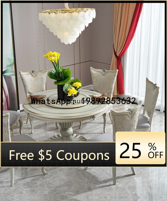 CZ  French light luxury solid wood round dining table turntable household high-end European dining table