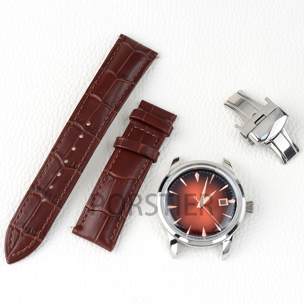 Arched Glass 40mm NH35 Watch Case Leather Bracelet for Cocktail Time Presage NH35 NH36 Movement 35mm Dial Hands No Luminous