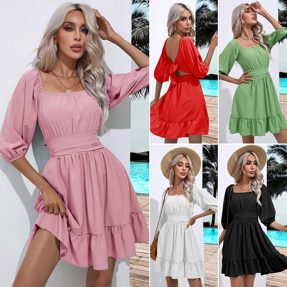 

YANLING Square neck pullover dress New summer short skirt Women's high-waisted sleeve ruffled skirt