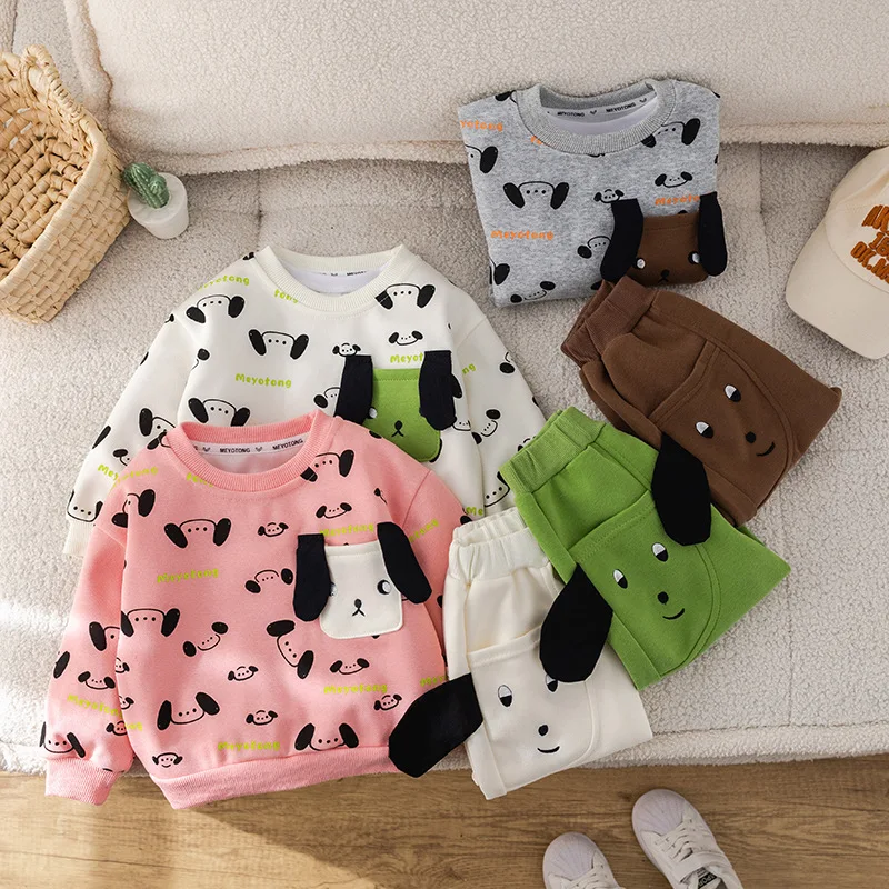 MILANCEL 2024 Autumn Children\'s Clothes Set Boys Tracksuit Pullover and Pants 2Pcs Girls Cute Cartoon Dog Hoodies Suit