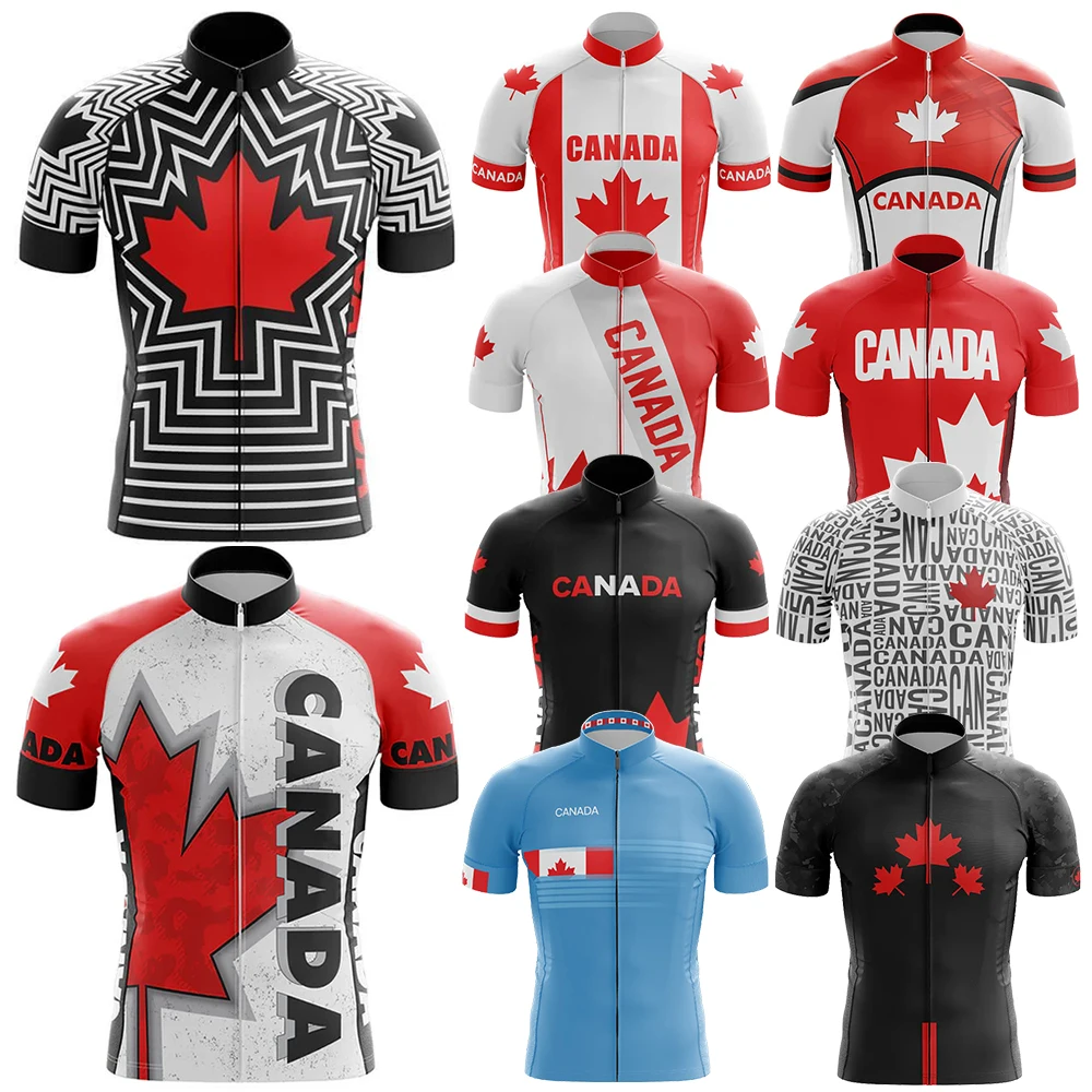 Canada Cycling Jersey for Men, Breathable Short Sleeve, Bib Shorts, Durable 20D Gel Pad, Mountain Bicycle Clothing, New, V1